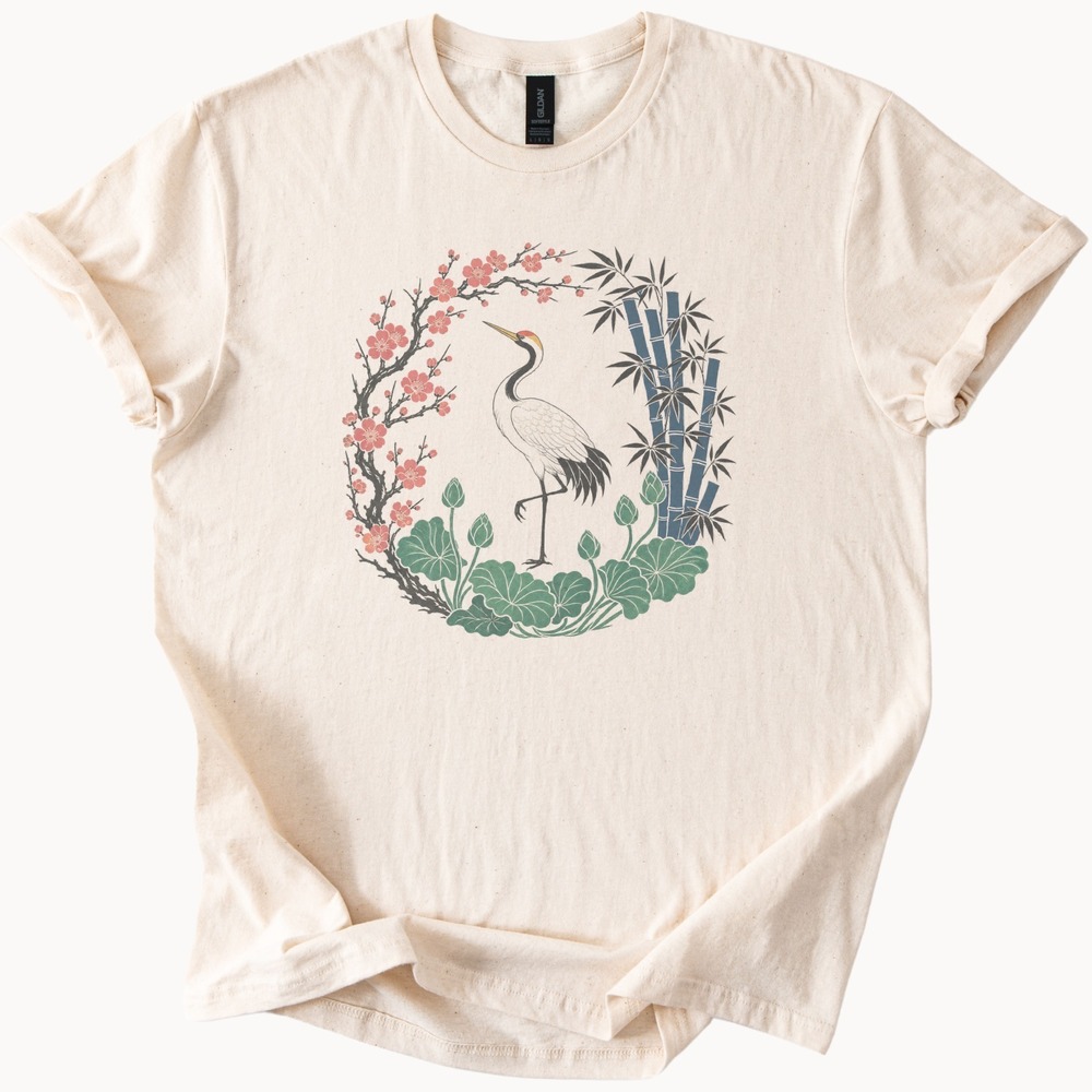 Crane Standing in Botanical Wreath of Plum and Lotus Tee